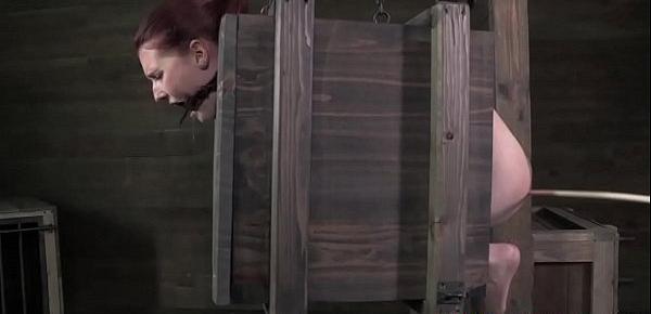  Redhead sub caned while tiedup in box